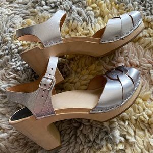 Swedish Hasbeens silver wood heel clog sandals